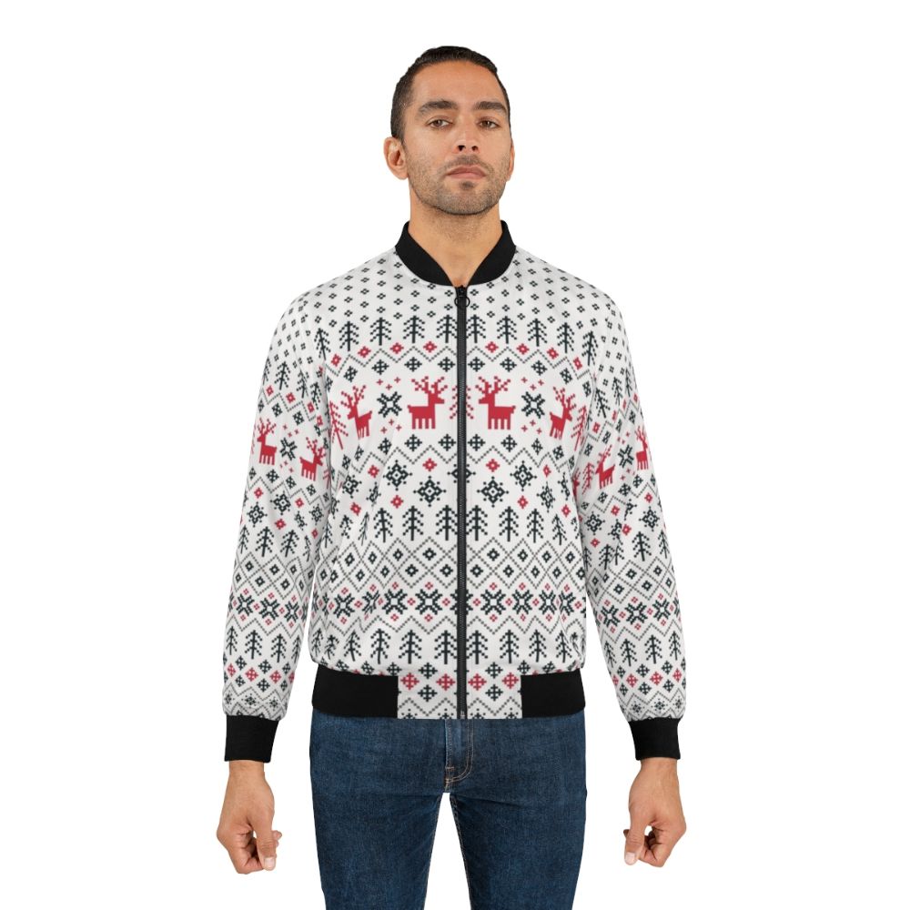 Holiday Sweater Pattern Bomber Jacket with Retro Scandinavian Design - Lifestyle