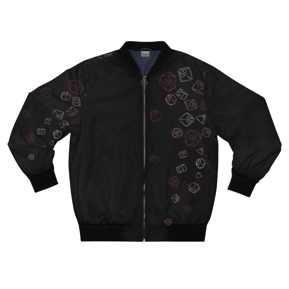 Retro bomber jacket with cascading pink dice pattern, perfect for gamers and RPG enthusiasts.