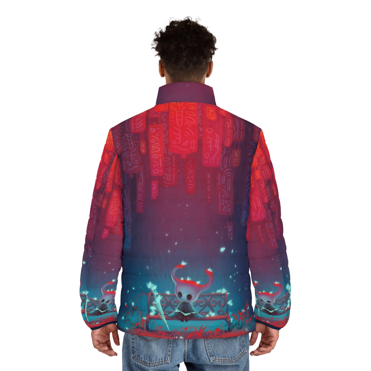 Hollow Knight inspired puffer jacket featuring the game's iconic characters and design. - men back