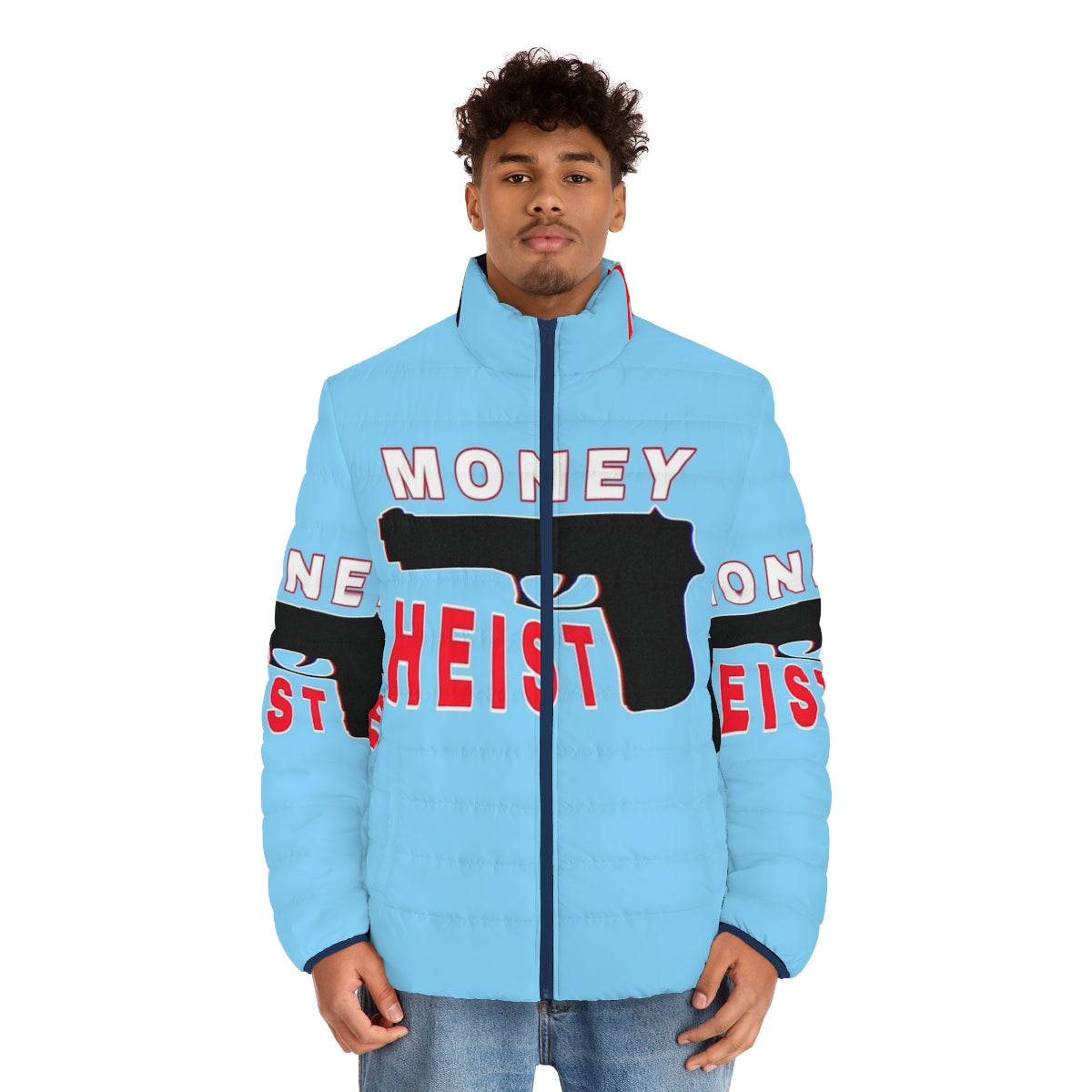 Money Heist Netflix Customized Puffer Jacket featuring the iconic art from the popular Netflix series - men front