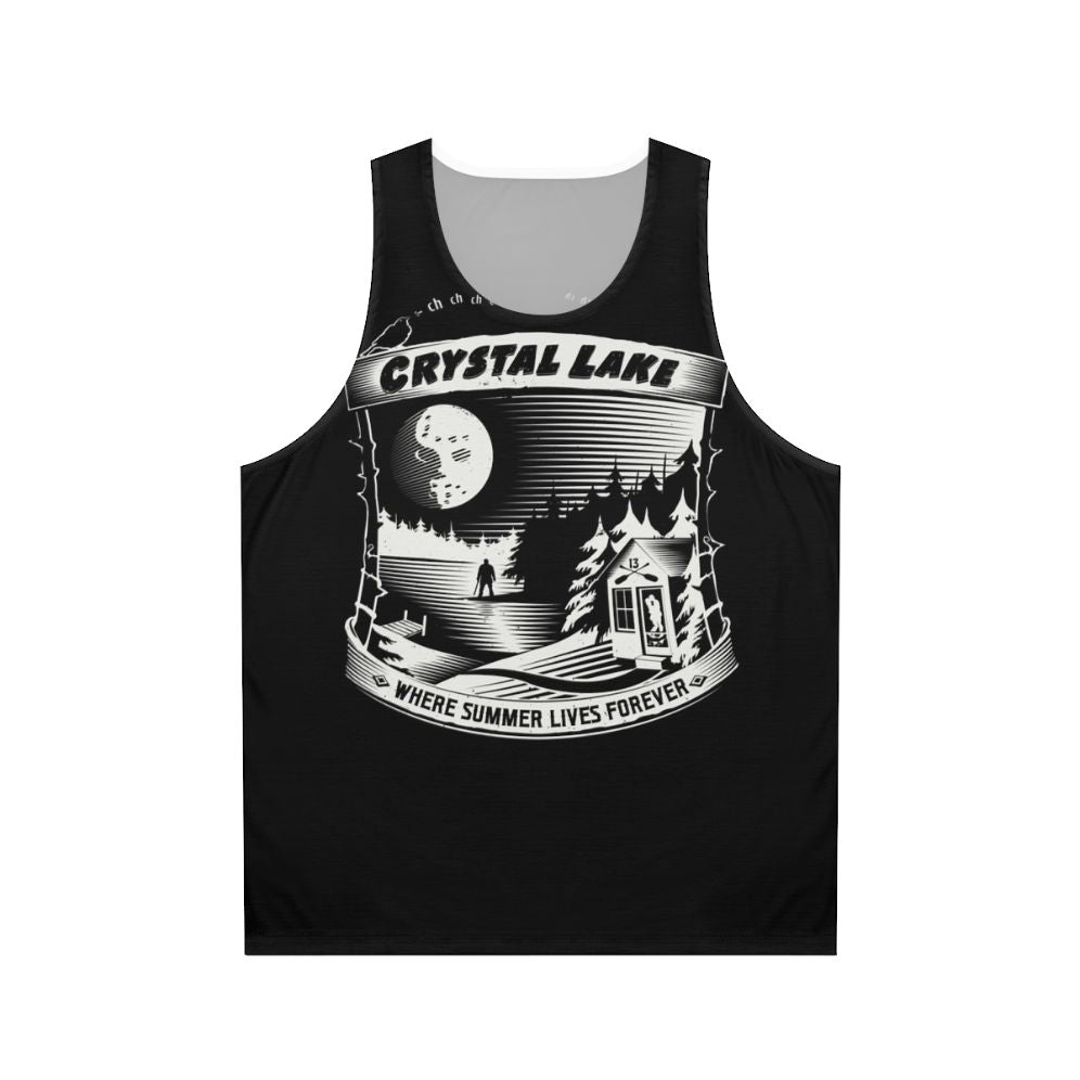 Horror movie inspired unisex tank top with "Camp Crystal Lake Where Summer Lives Forever" design