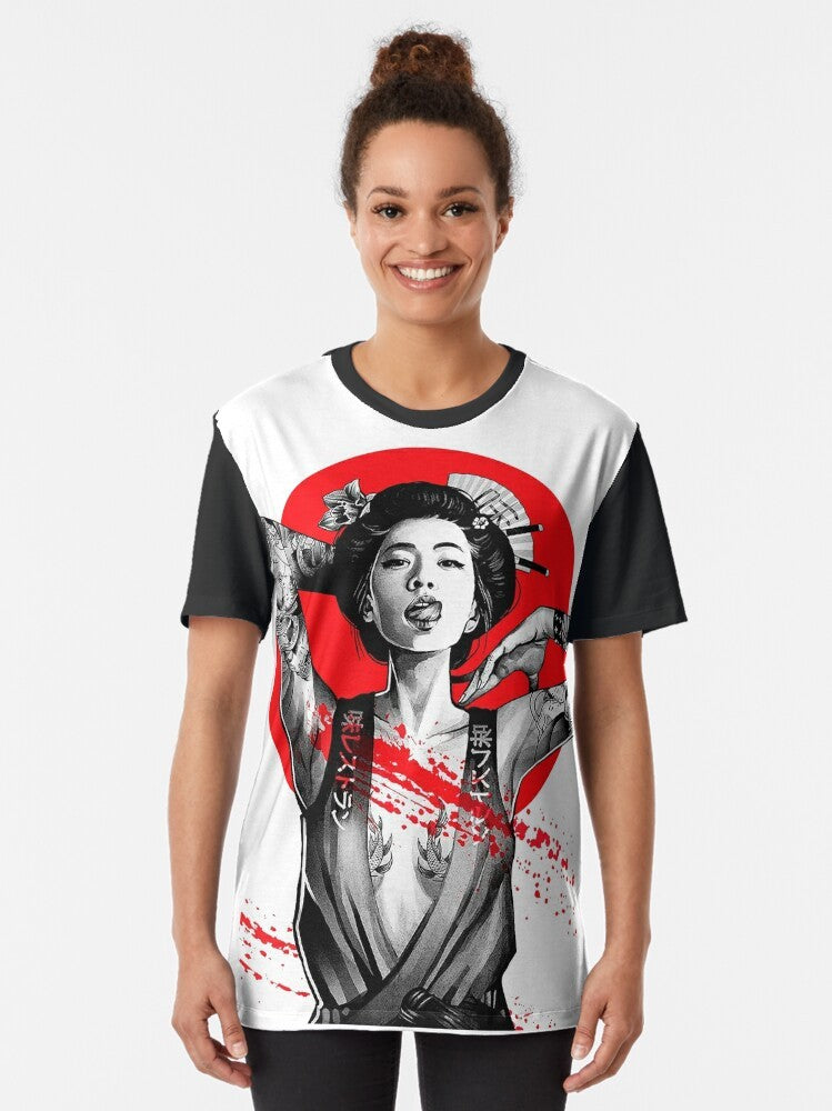 A vibrant and futuristic graphic t-shirt featuring a Japanese-inspired vaporwave design with neon colors, cyberpunk elements, and an urban aesthetic. - Women