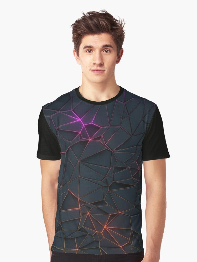 A t-shirt featuring a geometric abstract design with polygons, mosaics, and a vibrant color palette. - Men