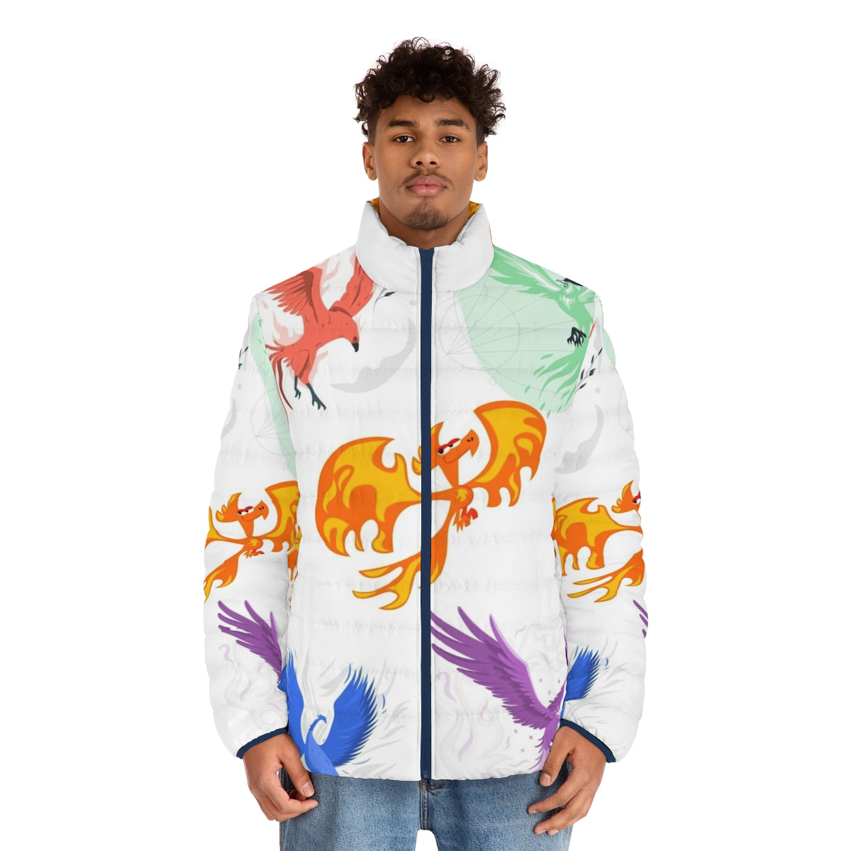 Puffer jacket featuring a majestic phoenix, a legendary mythical creature - men front