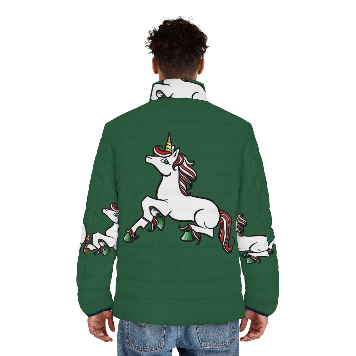 A cozy and fashionable Christmas unicorn puffer jacket perfect for the holiday season - men back