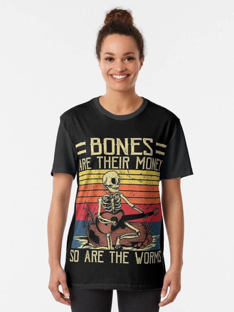 Retro graphic t-shirt featuring a skeleton playing guitar with the text "I Think You Should Leave with Tim Robinson" - Women