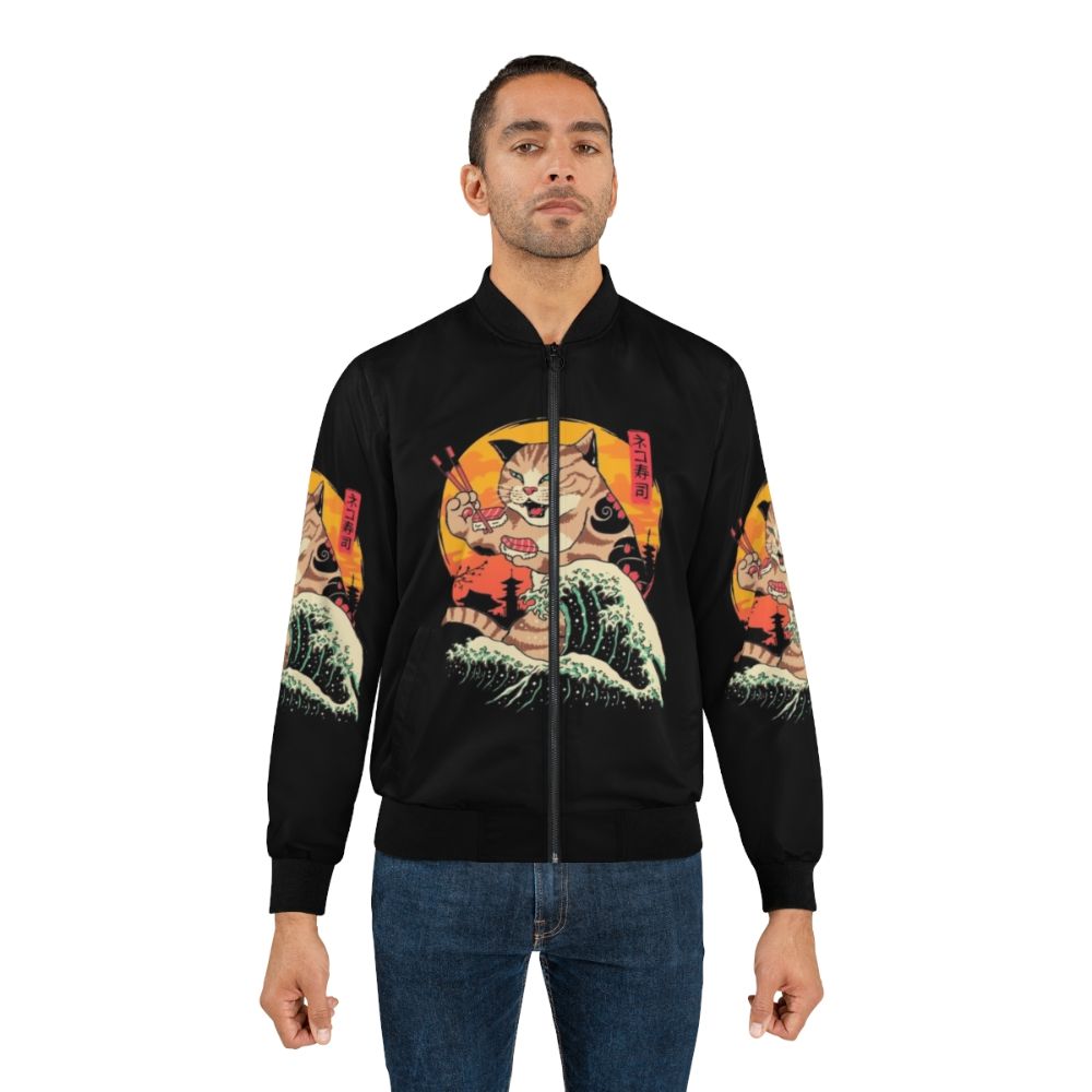 Retro wave-inspired bomber jacket featuring a design of a cat surrounded by sushi and Japanese-style waves - Lifestyle