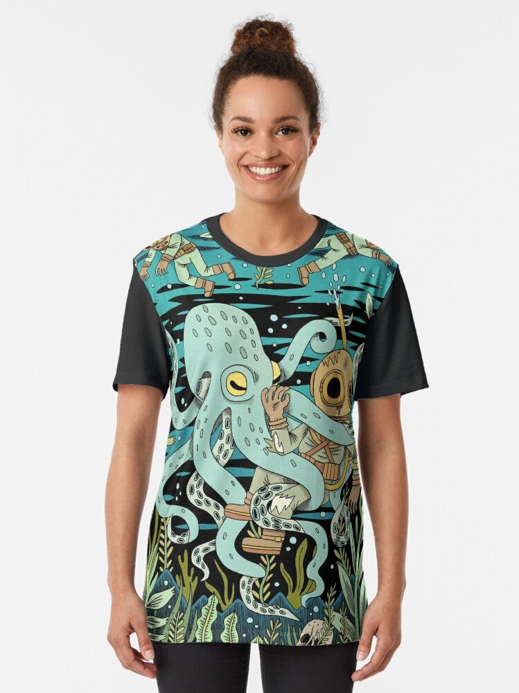 A vintage-inspired graphic t-shirt featuring a diver exploring the deep sea, surrounded by ocean life and underwater adventure. - Women