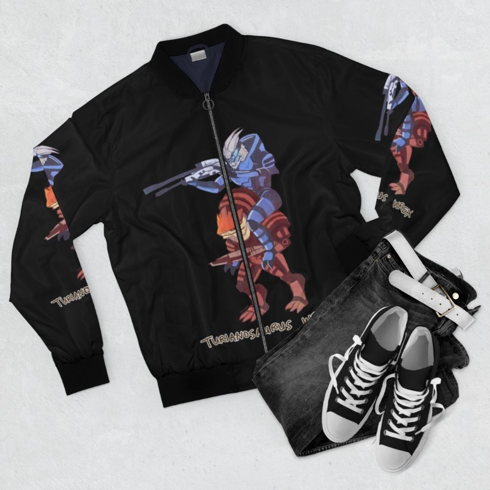 Mass Effect themed Turianosaurus Wrex bomber jacket - Flat lay