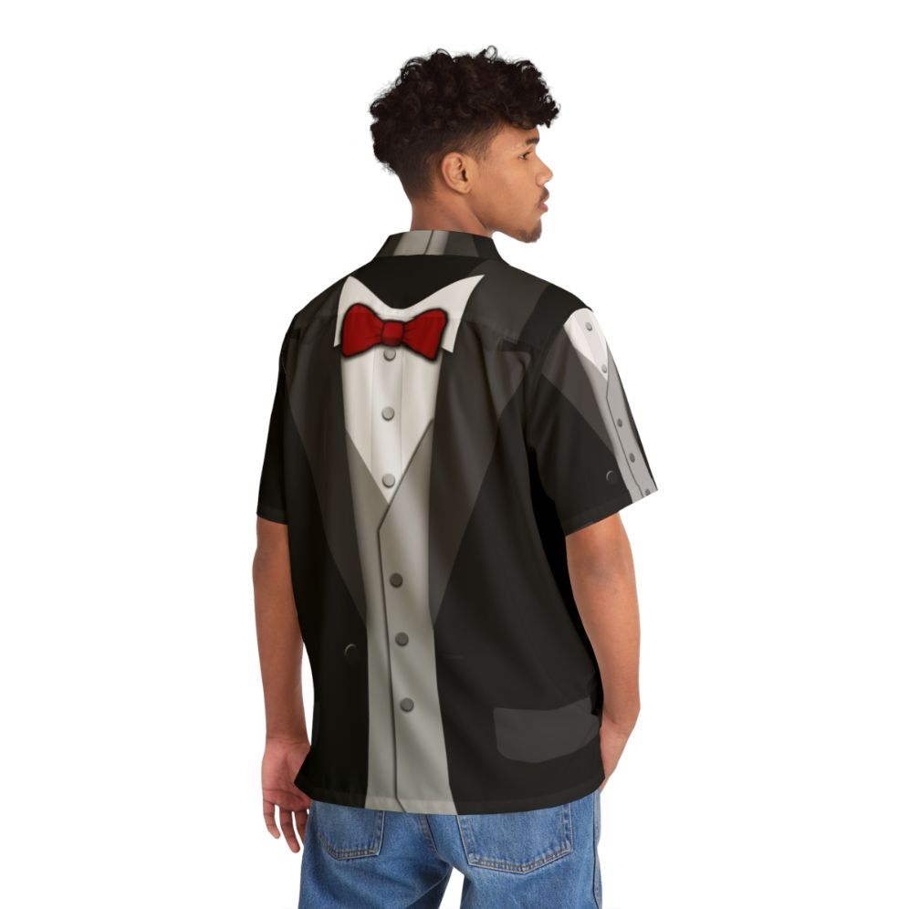 Black Tuxedo Hawaiian Shirt with Red Bowtie and Vest - People Back