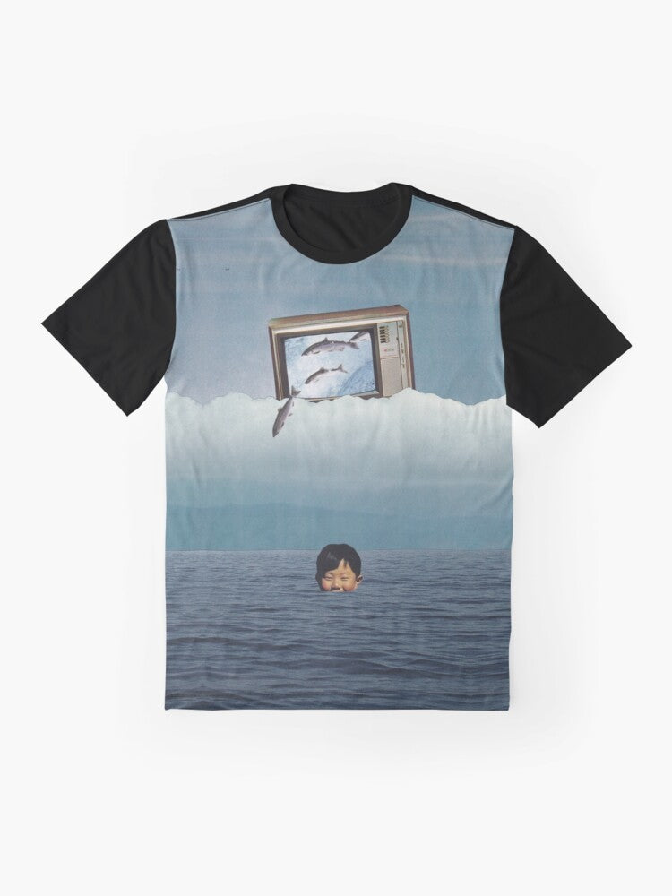 Surreal 3D television graphic t-shirt featuring a collage of nature and ocean life elements - Flat lay