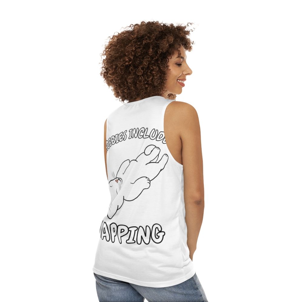 White cat napping unisex tank top - women back