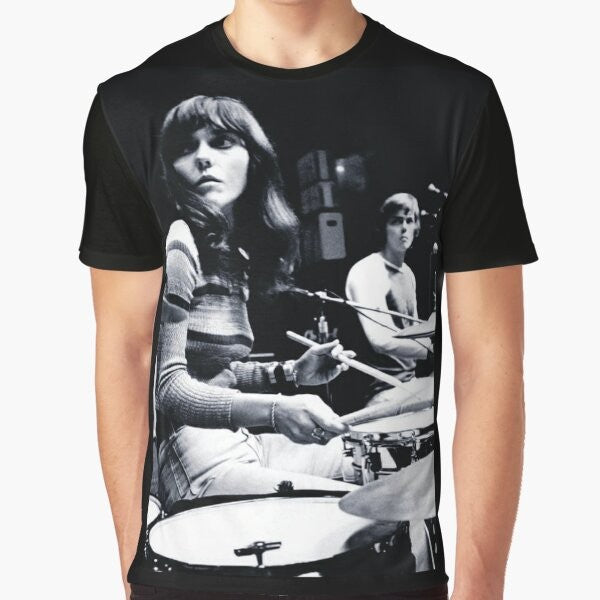 Graphic t-shirt design featuring an image of Karen Carpenter, the legendary singer and drummer of the Carpenters.