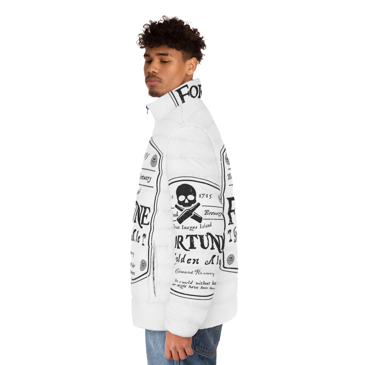 Assassin's Creed Fortune Beer Label Puffer Jacket - Stylish gaming apparel inspired by the Assassin's Creed video game series - men side left