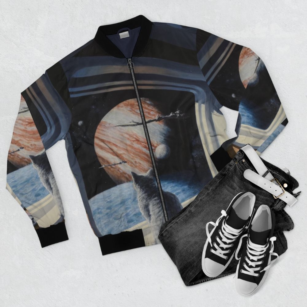 "Space Cat" Bomber Jacket with a science fiction oil painting design - Flat lay