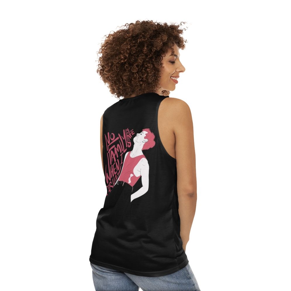 Unisex tank top with minimalist "No Family Is Safe When I Sashay" design - women back