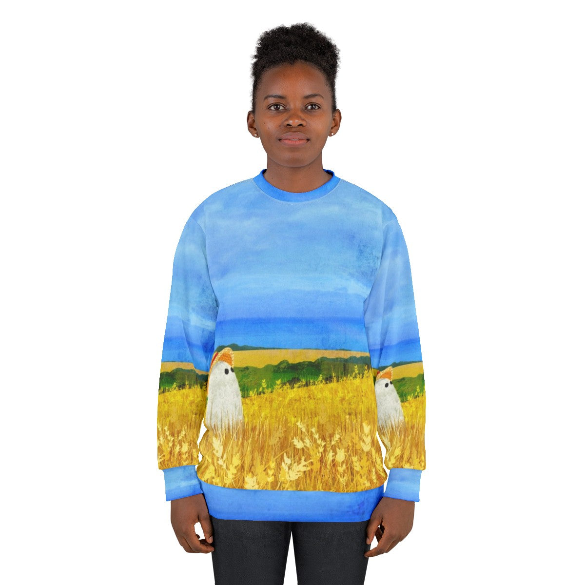 Sweatshirt with a ghostly figure in a wheat field - women