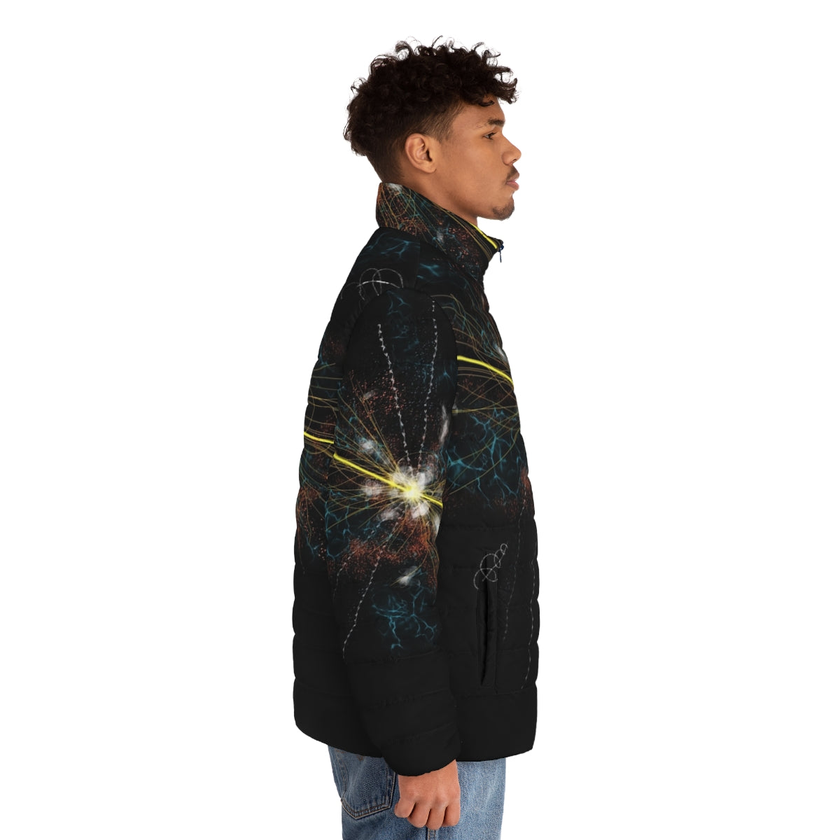 Higgs boson inspired puffer jacket with subatomic particle design - men side right