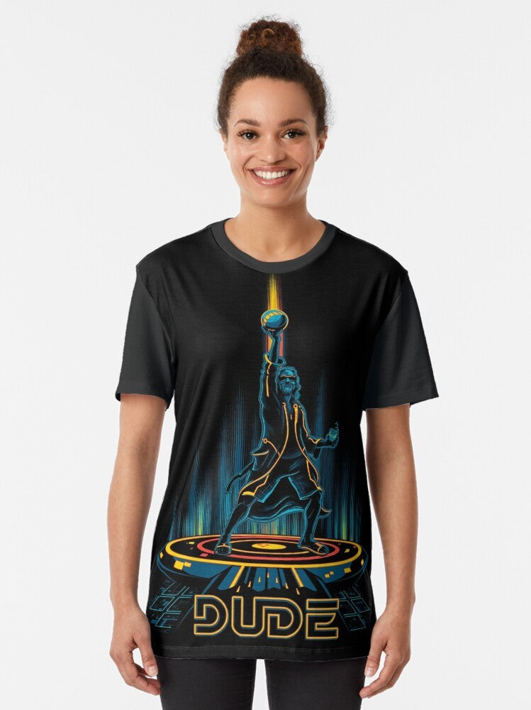 Big Tronowski graphic t-shirt featuring a retro bowling and movie mashup design - Women