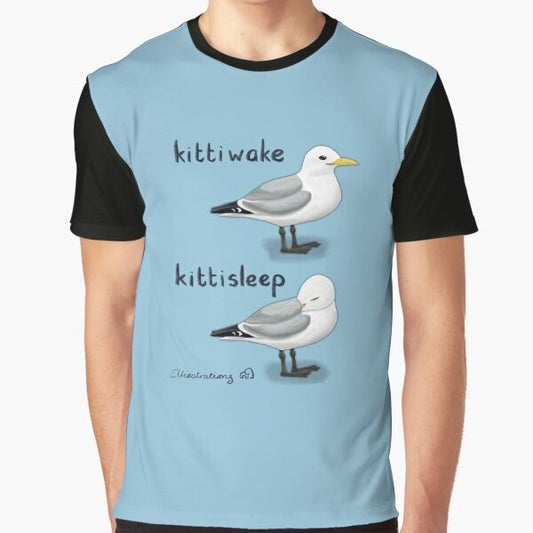 Illustration of a cute kittiwake seabird sleeping on a t-shirt