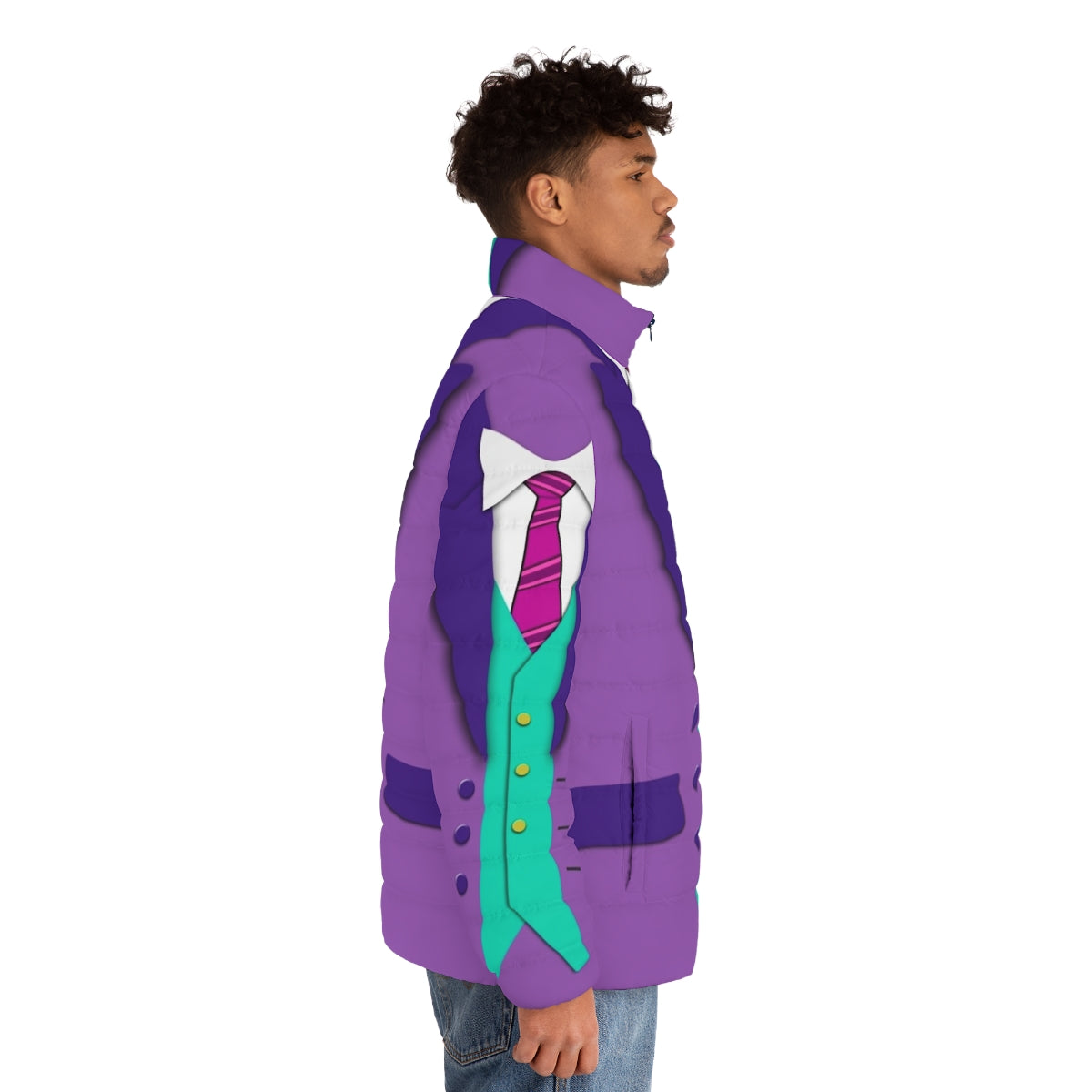 Colorful puffer jacket with suit, tie, and vest - men side right