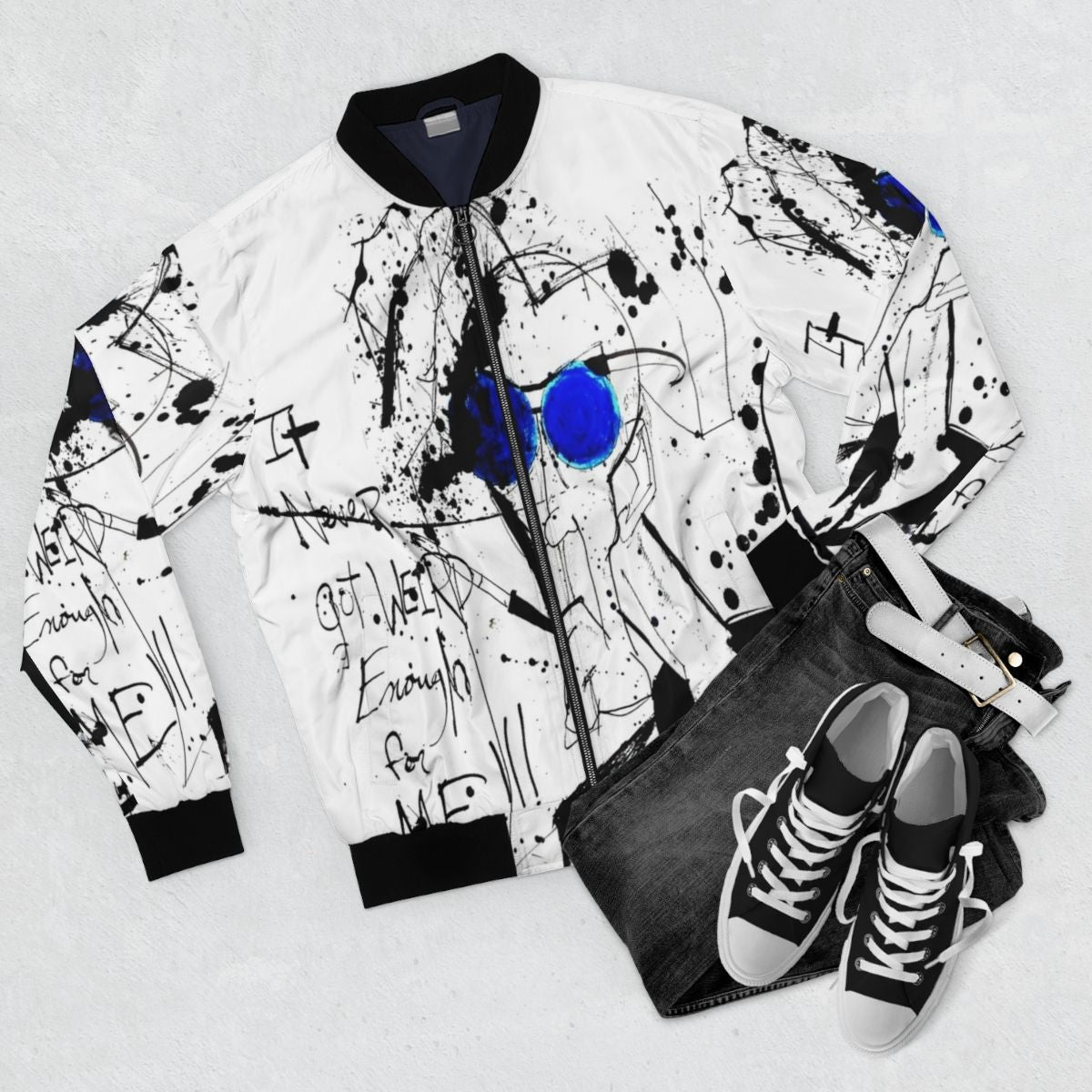 Bomber jacket with Fear and Loathing inspired graphic design - Flat lay