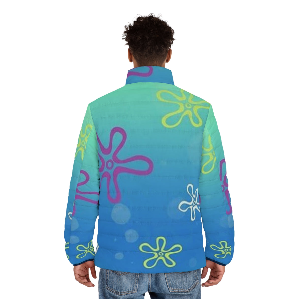 Spongebob Bikini Bottom themed puffer jacket with tapestry design - men back