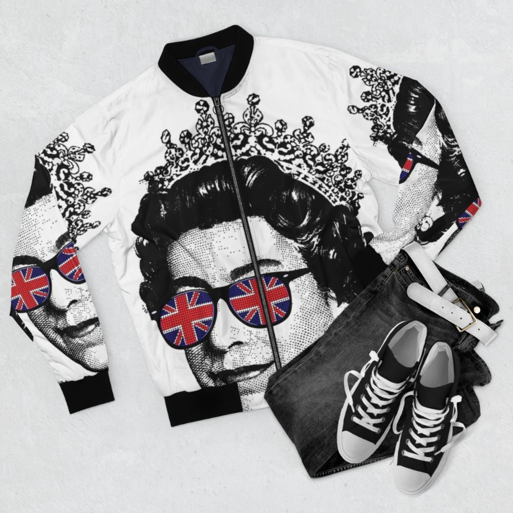 A bomber jacket featuring the Union Jack design and the Queen's head, celebrating the Queen's Platinum Jubilee. - Flat lay