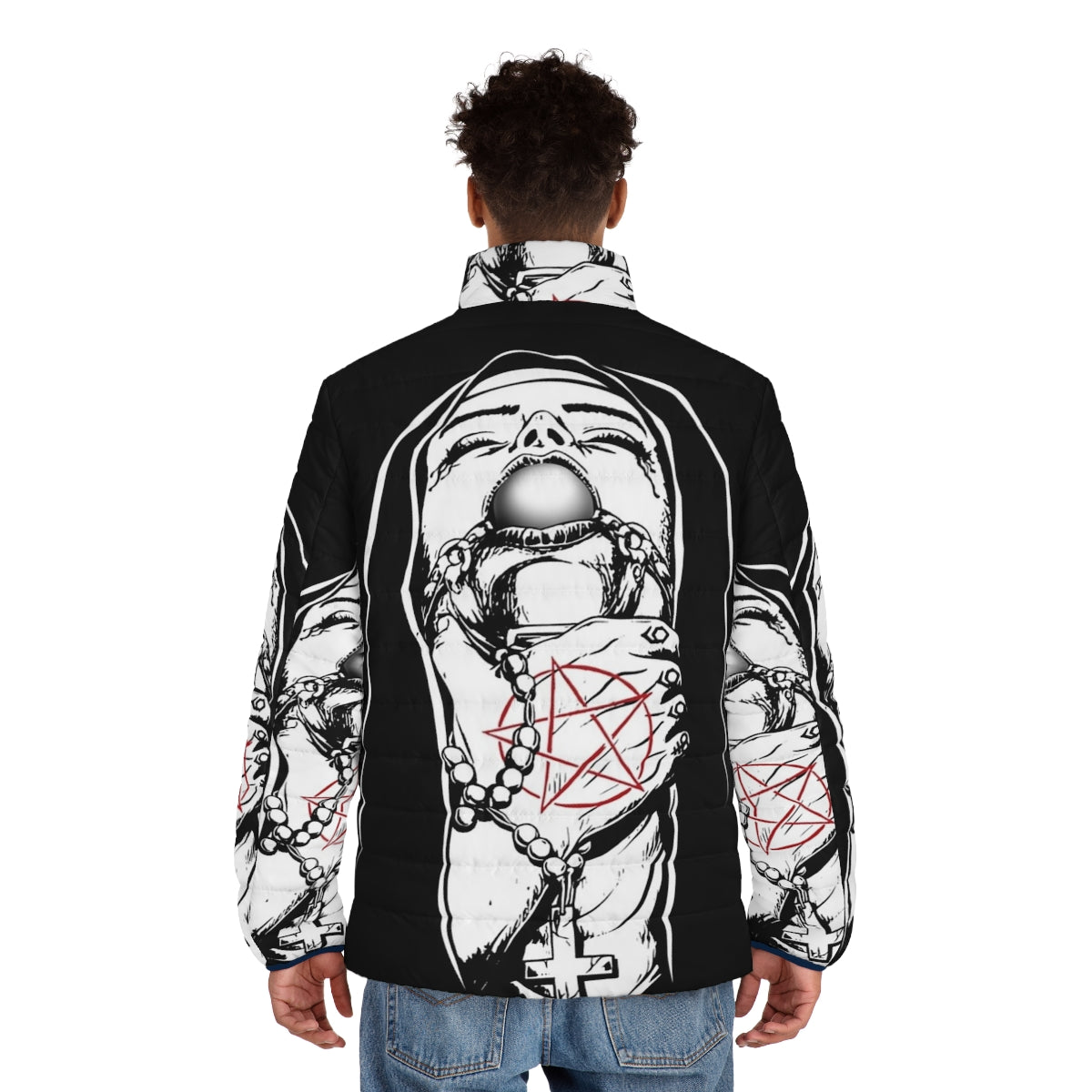 Satanic nun puffer jacket with occult symbols and dark aesthetic - men back