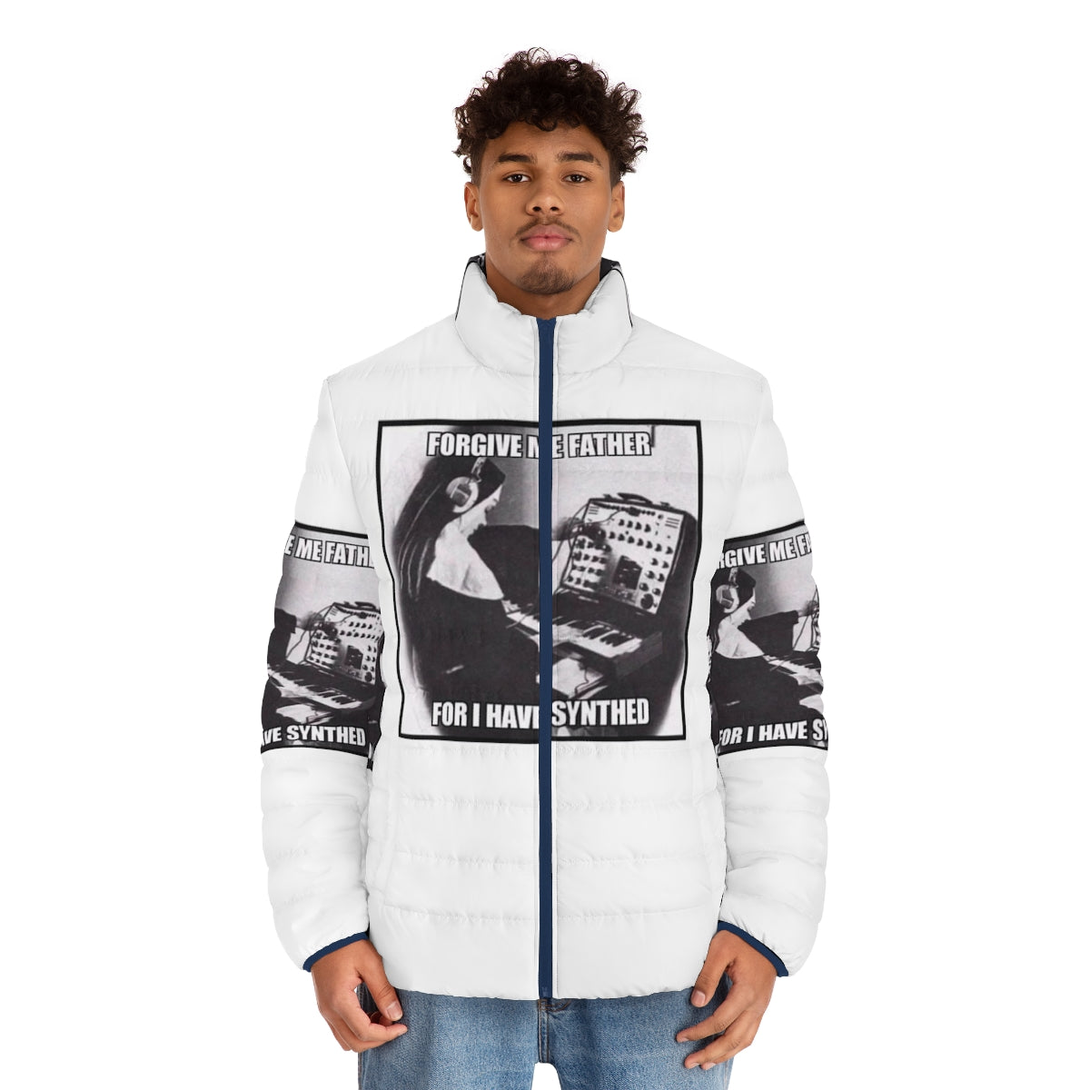 The Weeknd 'Forgive Me Father' Puffer Jacket featuring XOTWOD music quotes and hip hop inspired fashion - men front