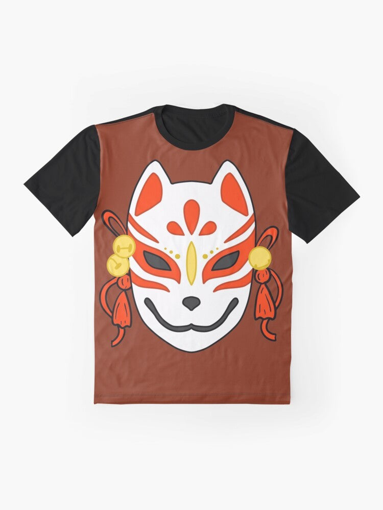 Kitsune mask graphic t-shirt featuring a traditional Japanese fox design - Flat lay