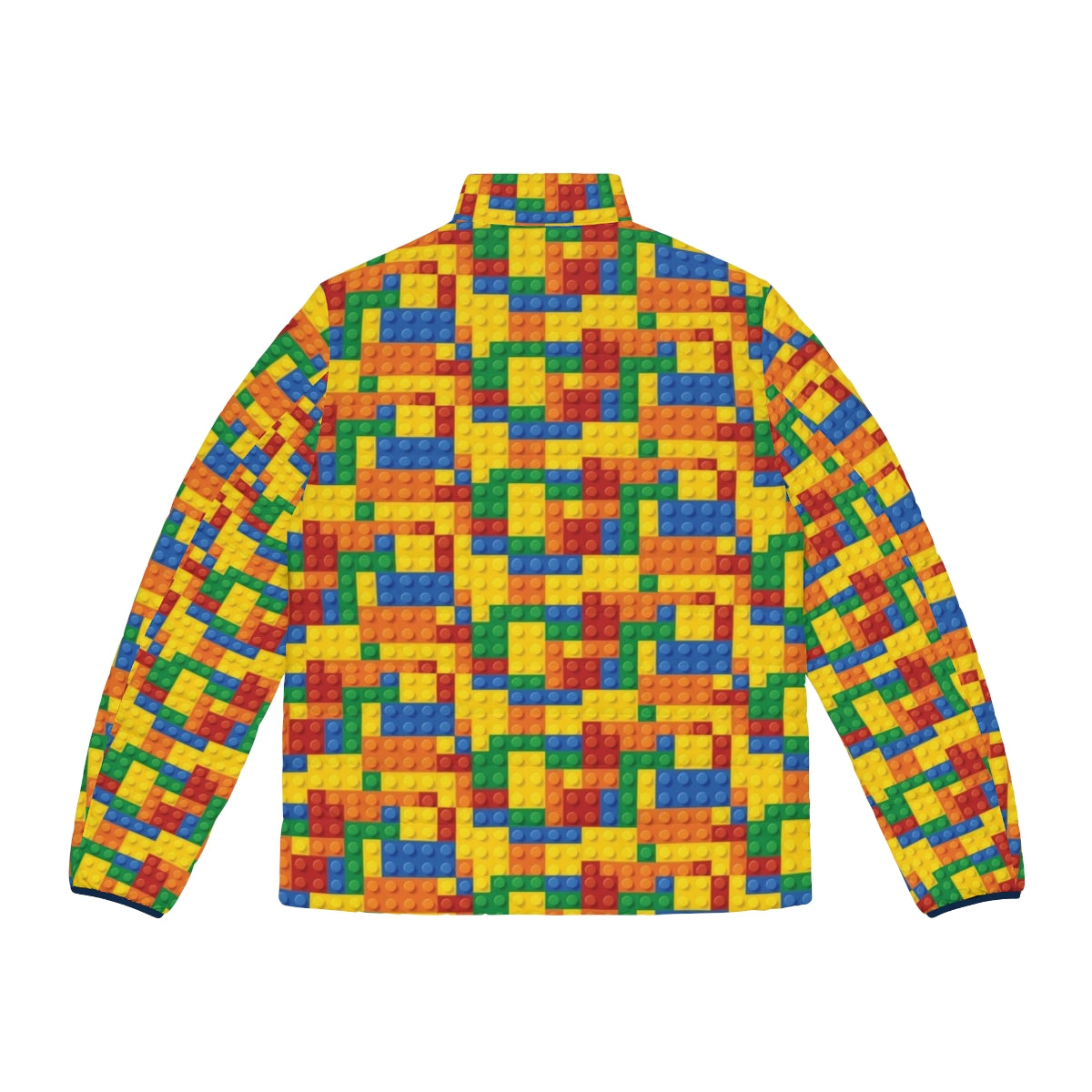 Vibrant puffer jacket featuring a lego block pattern design - Back