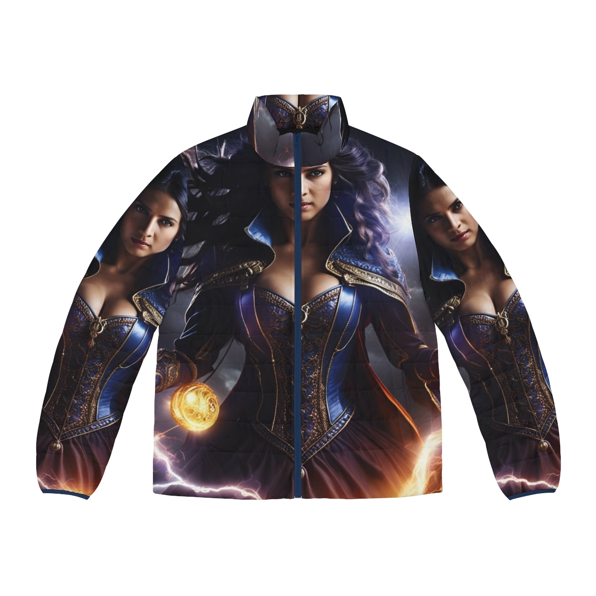 A blue electric puffer jacket with a superhero-inspired design