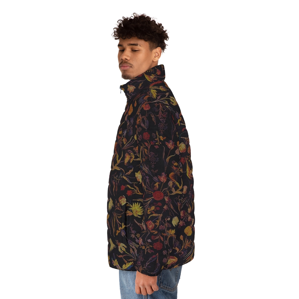 Midnight Floral Puffer Jacket featuring a mythical, botanical design - men side left