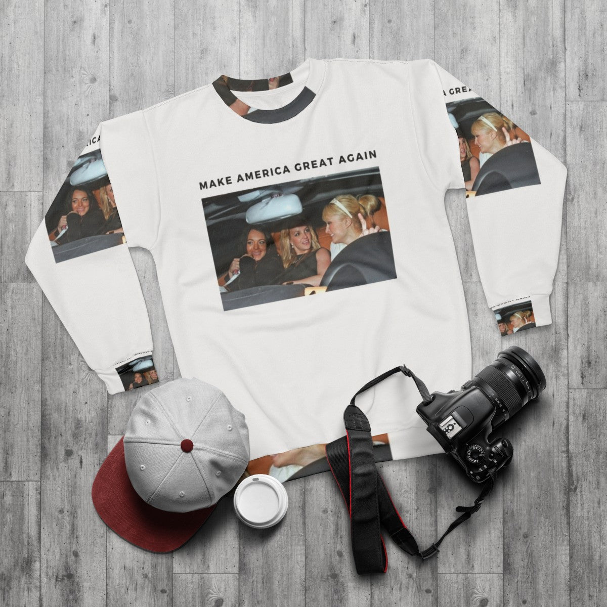 Celebrity fashion pop culture themed sweatshirt - flat lay