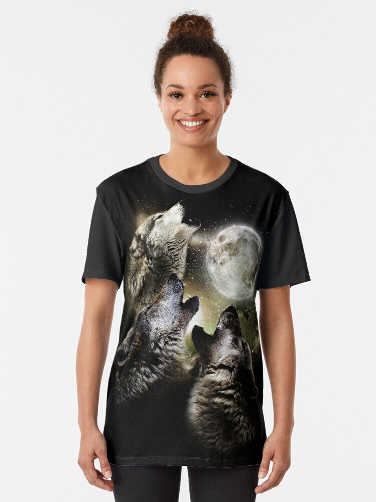 Three wolves howling at the full moon on a graphic t-shirt design - Women