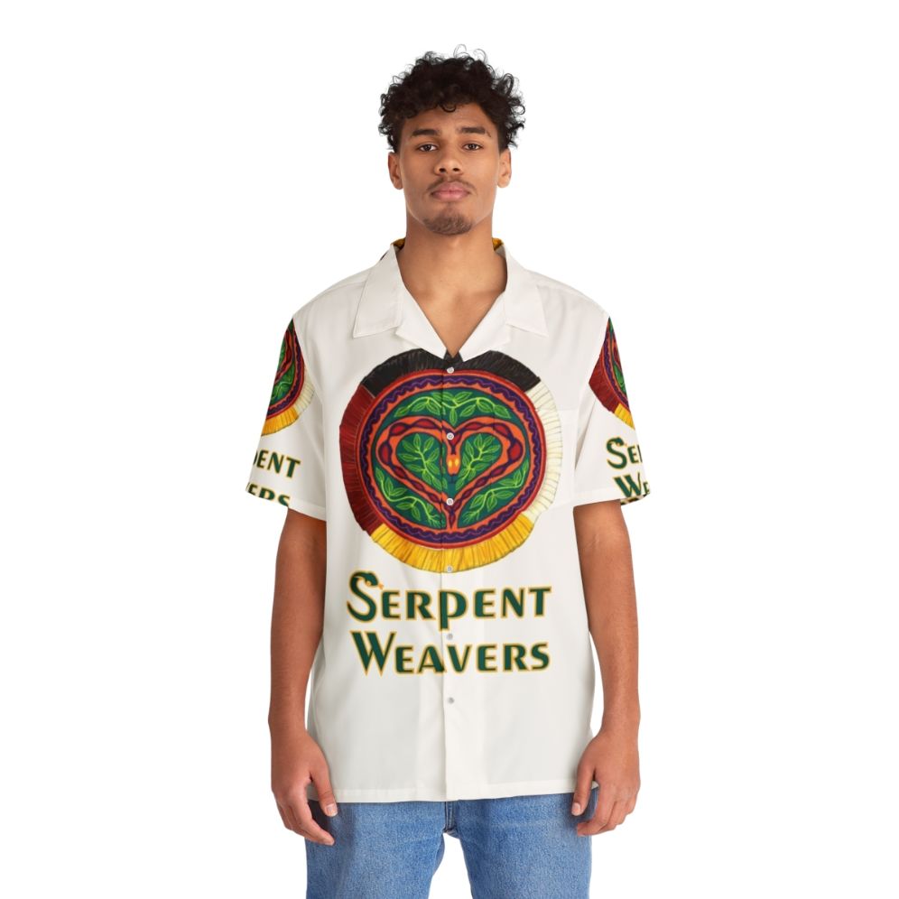 Serpent Weavers logo Hawaiian shirt with tropical snake print - People Front