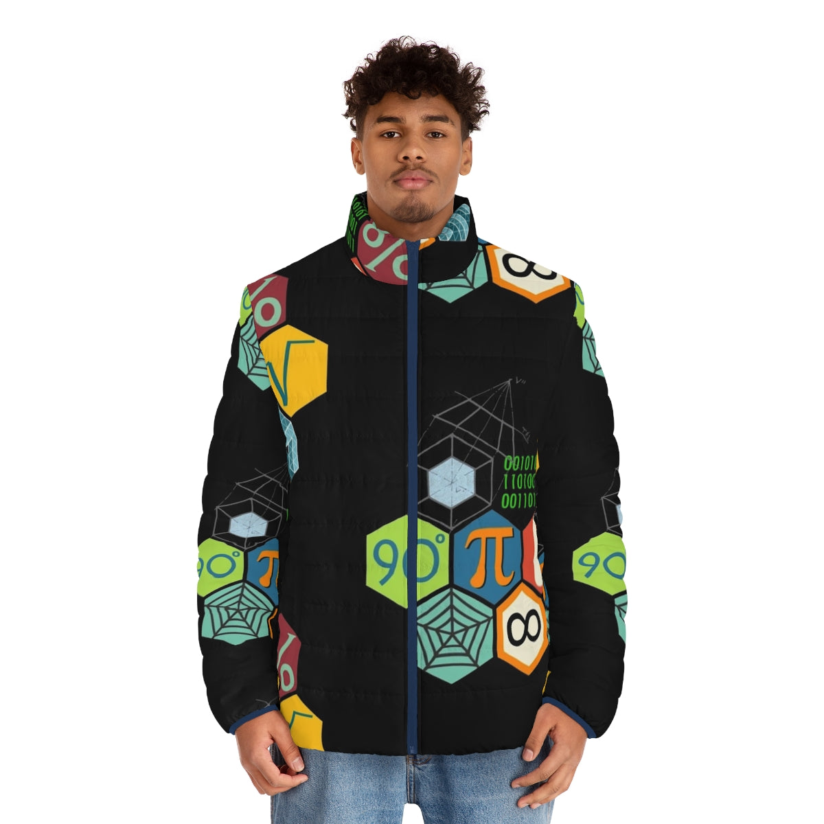 Math Puffer Jacket with geometric patterns and mathematical symbols - men front