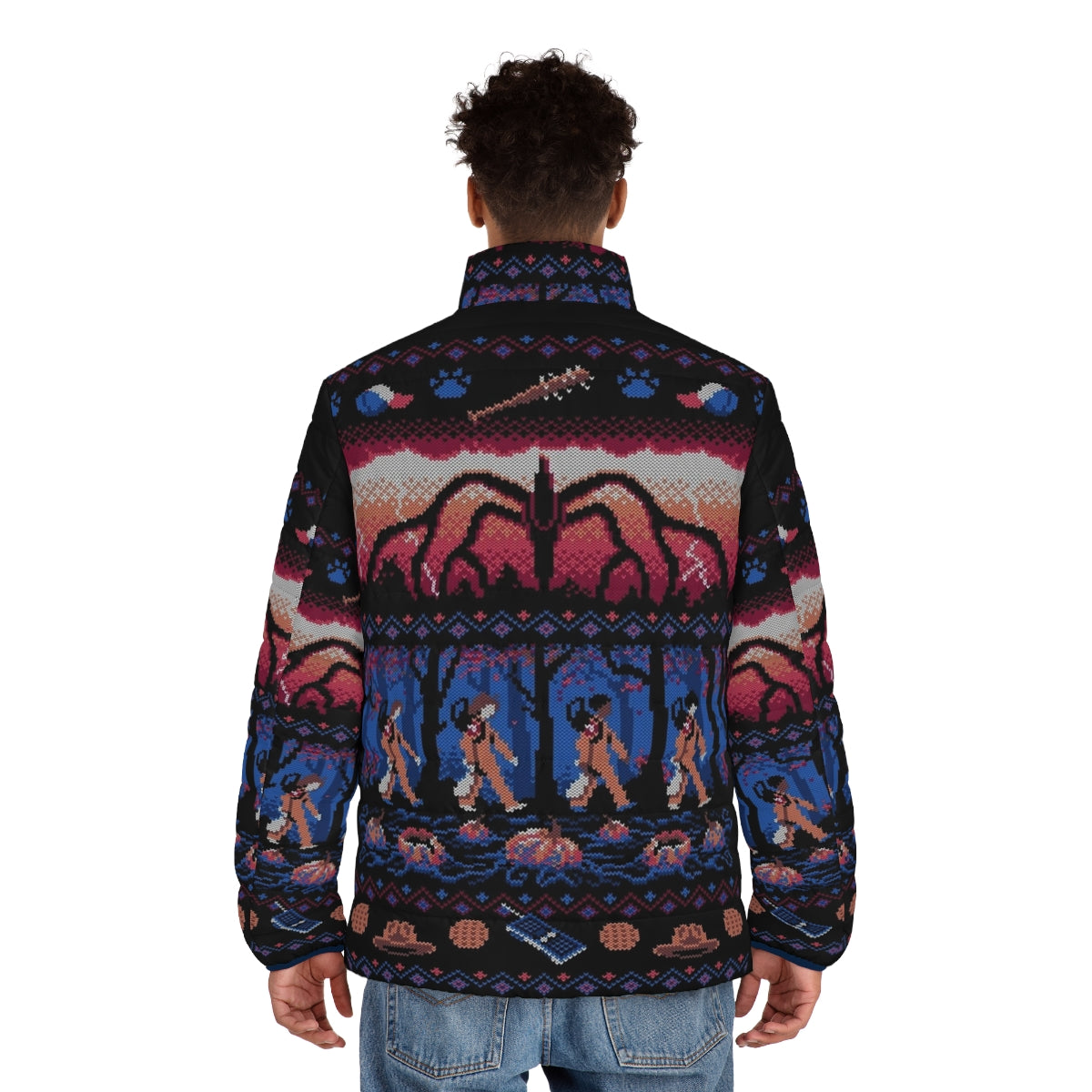 Stranger Things themed holiday puffer jacket with Mind Flayer design - men back