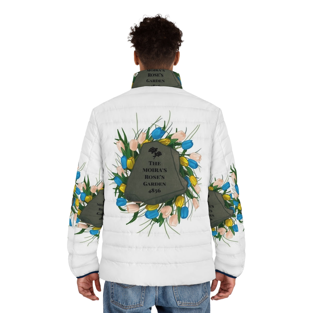 Moira Rose puffer jacket with floral garden design, Schitt's Creek fan art - men back