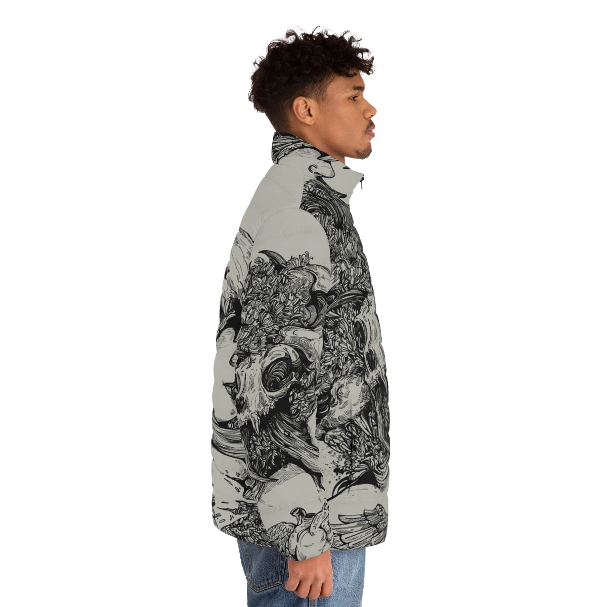 Woman wearing a black puffer jacket with an ink skull and wolf design - men side right