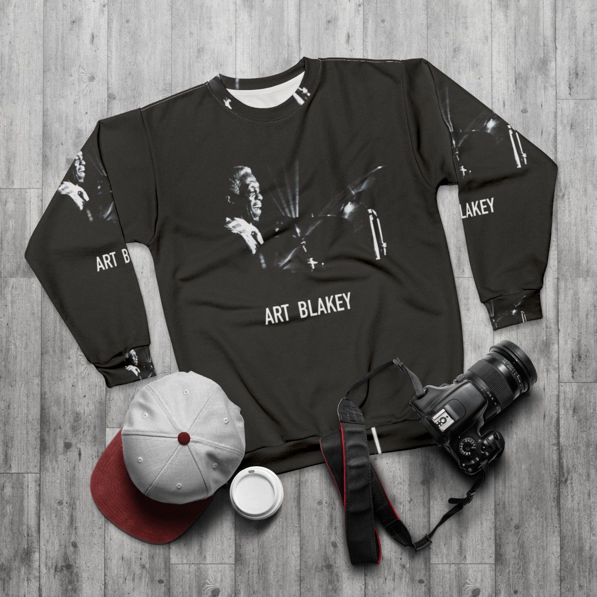 Art Blakey, legendary jazz drummer, on a stylish sweatshirt - flat lay