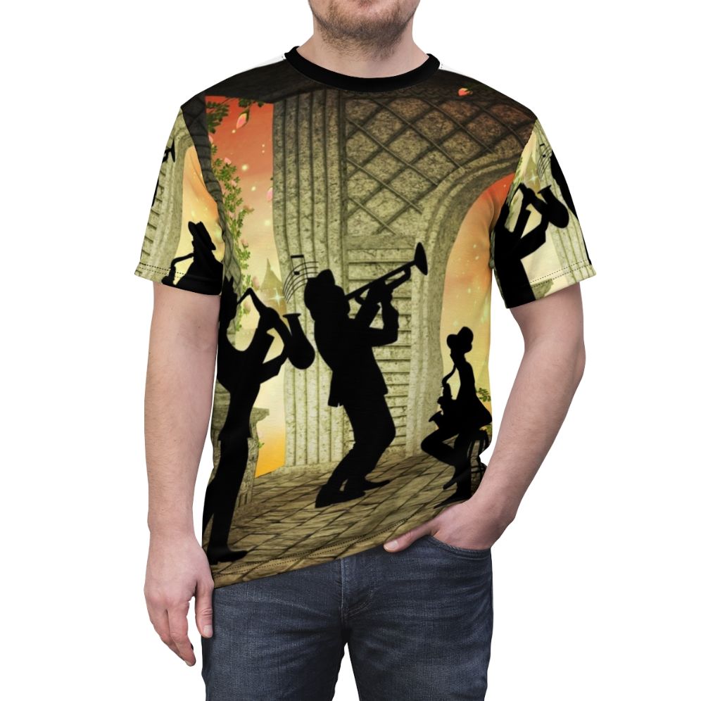 A vintage-inspired t-shirt featuring a jazz music design with saxophone, piano, and other instruments. - men front