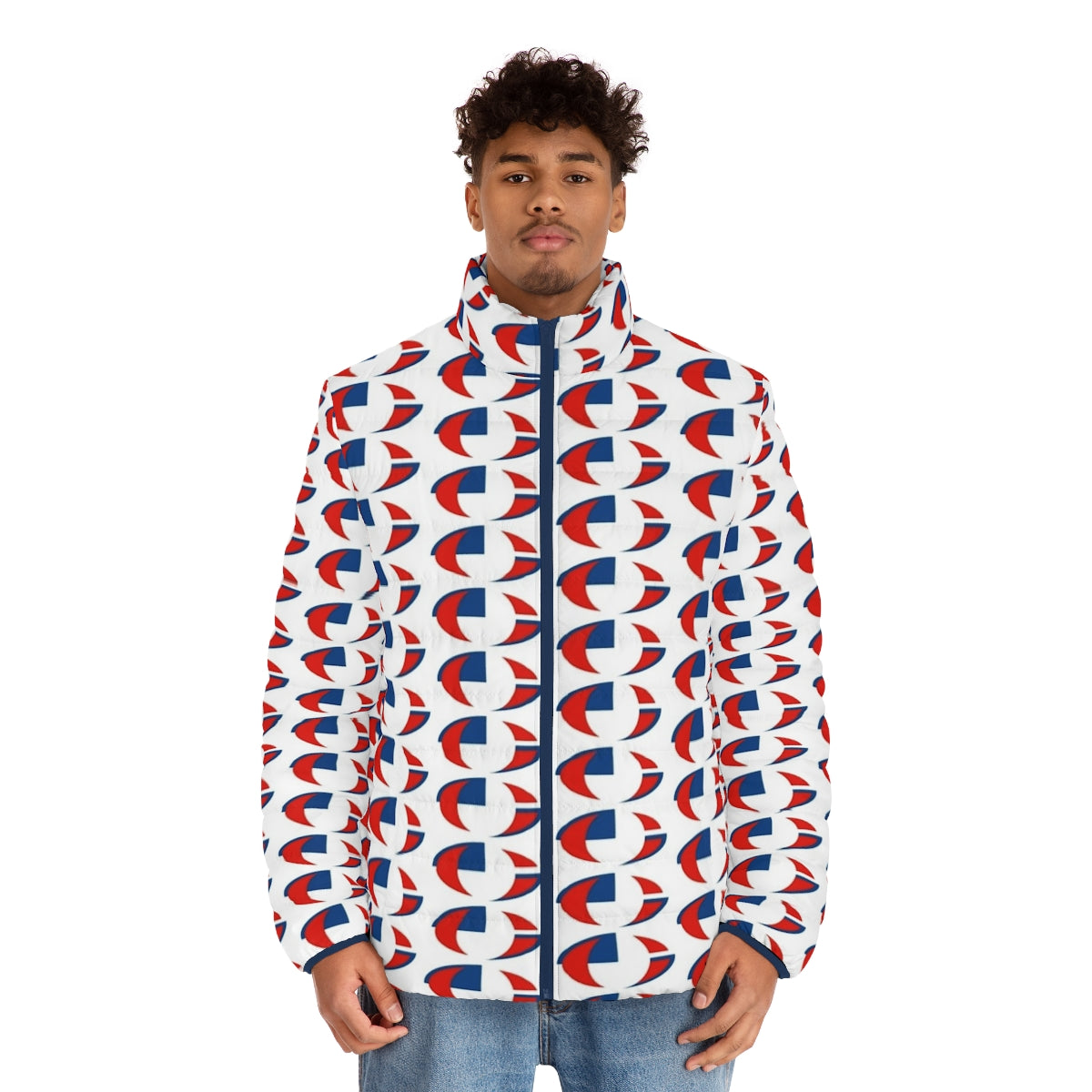 Creation Records logo puffer jacket, featuring retro 90s design - men front