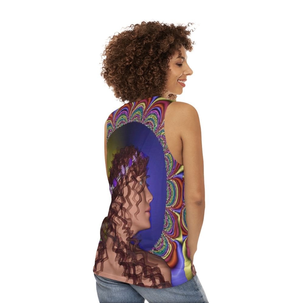 Romantic unisex tank top with nature-inspired psychedelic design - women back