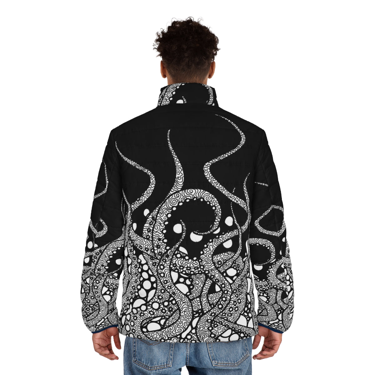 Tentacles Puffer Jacket with minimalist octopus line art design - men back