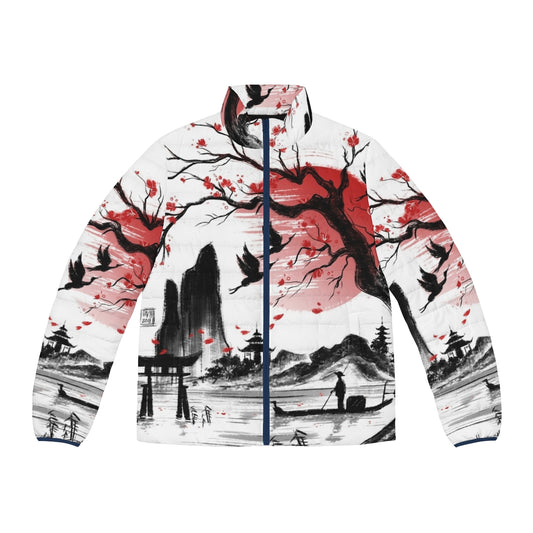 Japan Dream Puffer Jacket featuring Japanese landscape with sakura and red sun