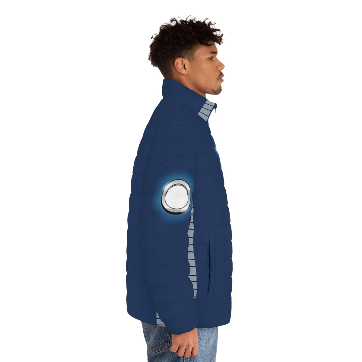 Proton Man Puffer Jacket with a superhero design to inspire cancer patients - men side right