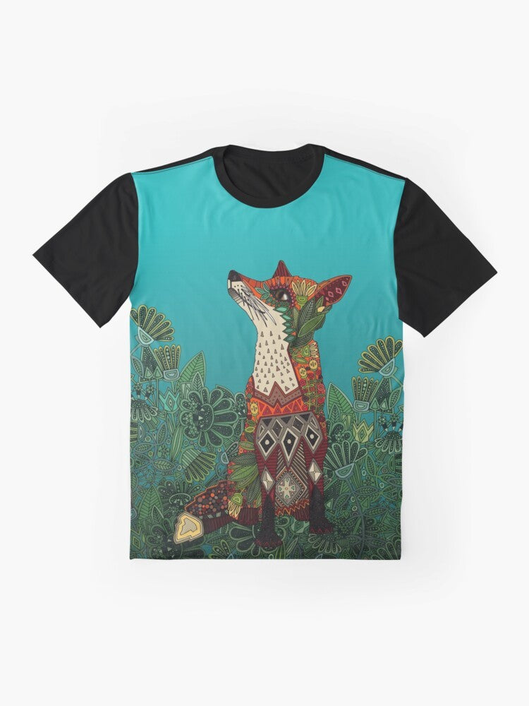 A floral fox graphic t-shirt featuring a colorful, botanical design with flowers, leaves, and a fox motif. - Flat lay