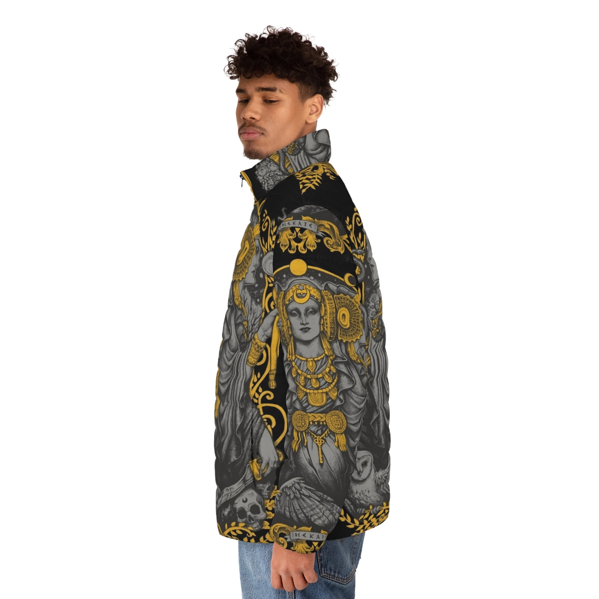 Iberian Hecate Gray Puffer Jacket featuring the iconic Lady of Elche and Hecate symbolism - men side left